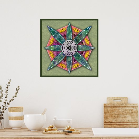 Mandala 8 grüne Blume Blätter auf Olivenplakat Poster (Küche)