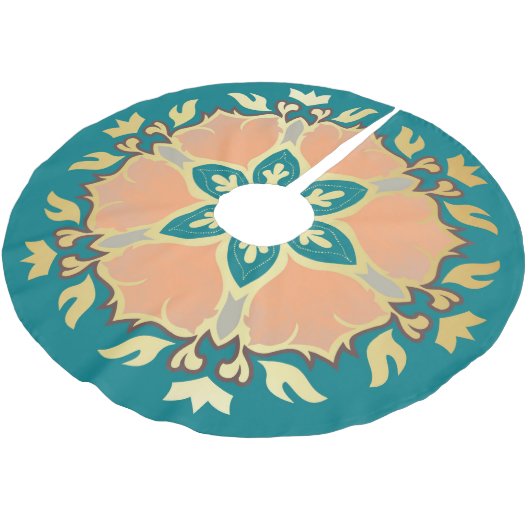 Mandala aquamarin, gold und pfirsichfarben polyester weihnachtsbaumdecke (Schrägansicht)