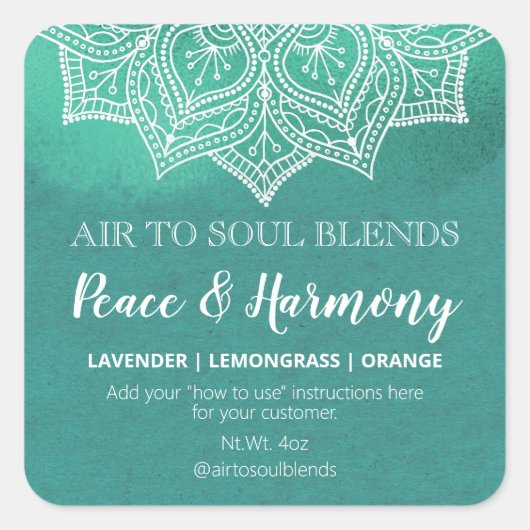 Mandala Aquamarin mit Blend-Labels für weißen Text Quadratischer Aufkleber (Vorderseite)