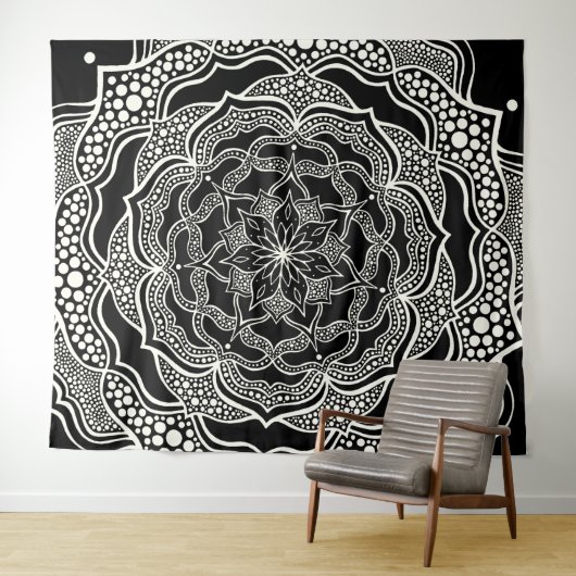 Mandala Art Boho Chic Elegantes Schwarz-weißes Tri Wandteppich (Beispiel (Horizontal))