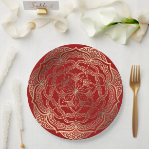 Mandala Art Boho Elegante Gold Dark Red Christmas Pappteller