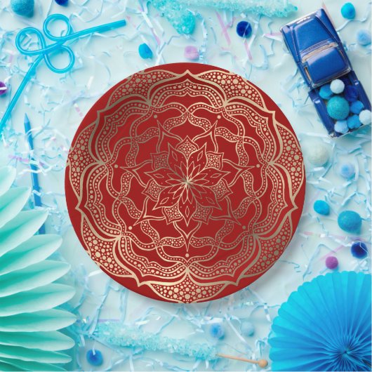 Mandala Art Boho Elegante Gold Dark Red Christmas Pappteller (Party)