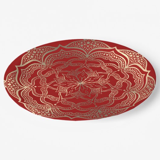 Mandala Art Boho Elegante Gold Dark Red Christmas Pappteller (Schrägansicht)
