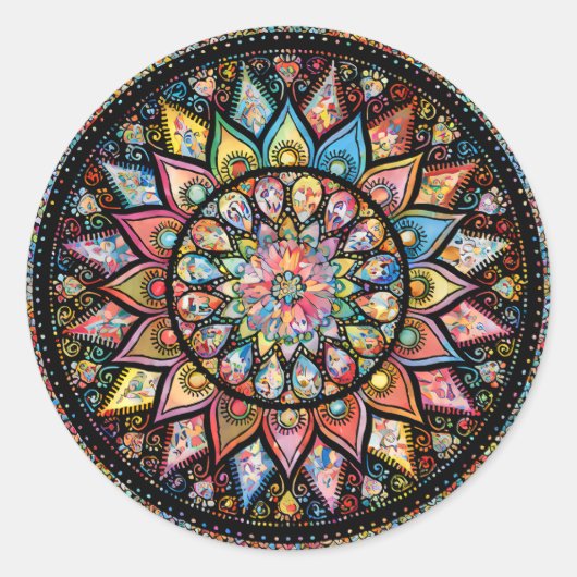 MANDALA ARTS - SCHWARZ UND WEISS - BLUME DIAMONON RUNDER AUFKLEBER (Vorderseite)