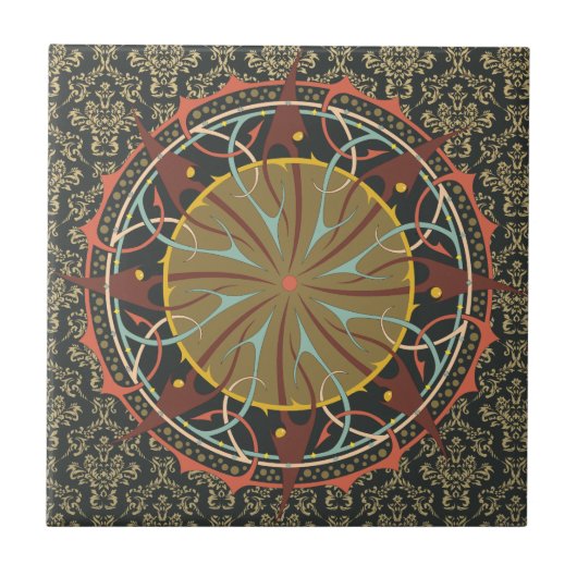 Mandala auf dem Damask Boho Bohemisch Retro Fliese (Vorderseite)