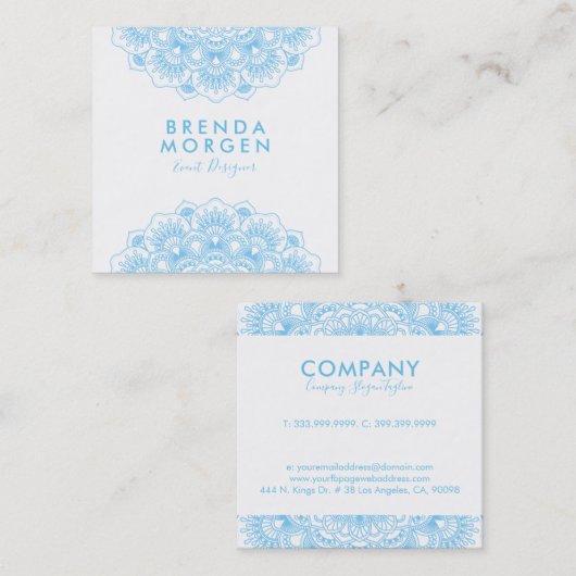 Mandala aus hellblauen und weißen Blumen Quadratische Visitenkarte (Vorne/Hinten)