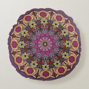 Mandala AutumnLeaves Mauve Brown Rundes Kissen