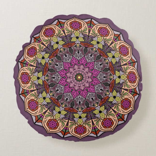 Mandala AutumnLeaves Mauve Brown Rundes Kissen (Vorderseite)