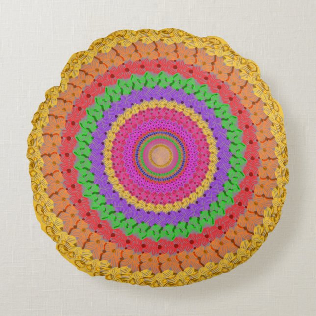 Mandala Ball, gelb Crochet Style - Round Pillow Rundes Kissen (Vorderseite)