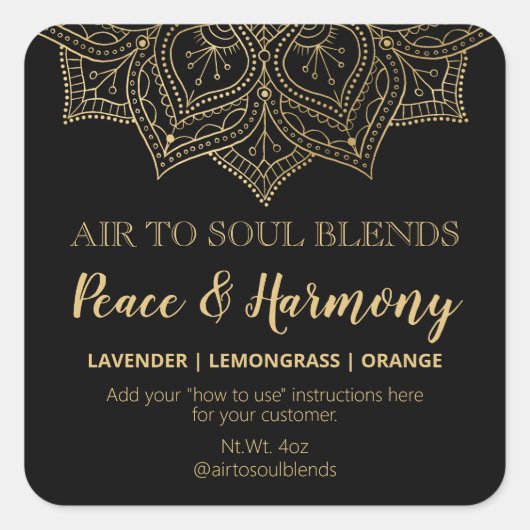 Mandala Black and Gold Blend Labels Quadratischer Aufkleber (Vorderseite)