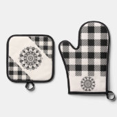 "Mandala" Black and White Gingham Ofenhandschuh & Topflappen-Set (Vorderseite)