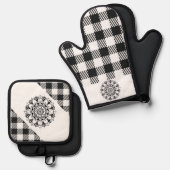 "Mandala" Black and White Gingham Ofenhandschuh & Topflappen-Set (Vorderseite/Rückseite)