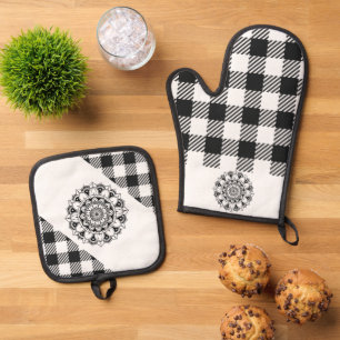 "Mandala" Black and White Gingham Ofenhandschuh & Topflappen-Set
