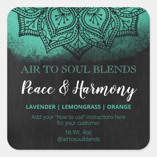 Mandala Black Teal Chalkboard Texture Blend Labels Quadratischer Aufkleber (Vorderseite)