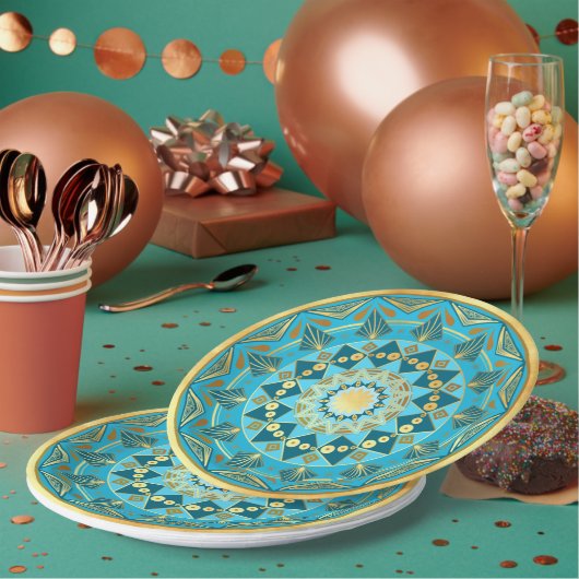 Mandala blau auf weichem Goldhintergrund Pappteller (Multi)
