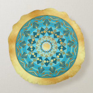 Mandala blau-gold auf weichem goldenen Hintergrund Rundes Kissen