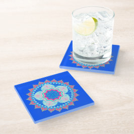Mandala Blau Pink auf blauem Hintergrund Glasuntersetzer