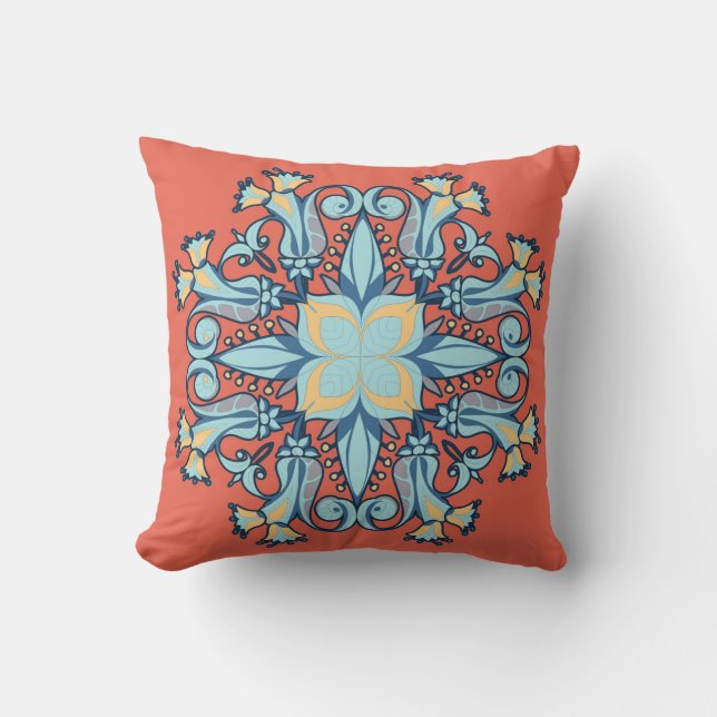 Mandala Bloom Pillow in Coral Red Kissen (Vorderseite)
