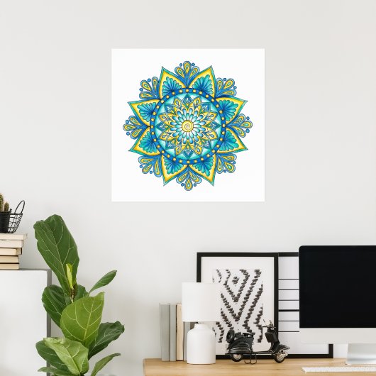 Mandala Blue Turquoise Yellow Watercolor Poster (Heimbüro)