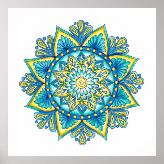 Mandala Blue Turquoise Yellow Watercolor Poster (Vorne)