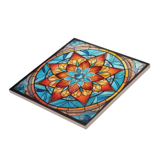 Mandala Blue und Orange Keramik Tile Fliese (Seite)