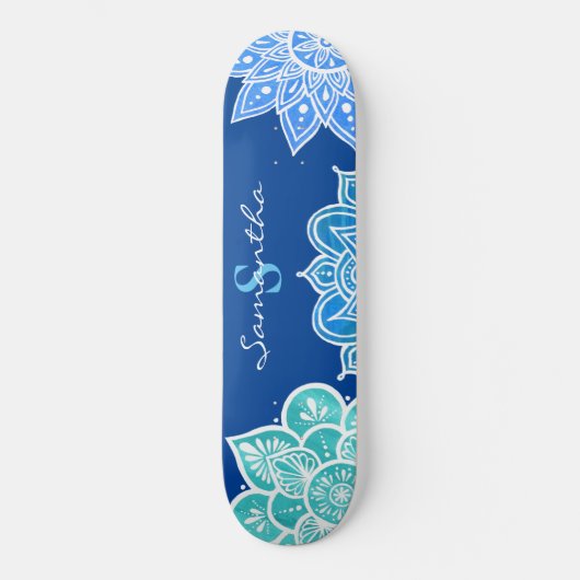 Mandala Blue White Türkise Monogram Skateboard (Vorderseite)