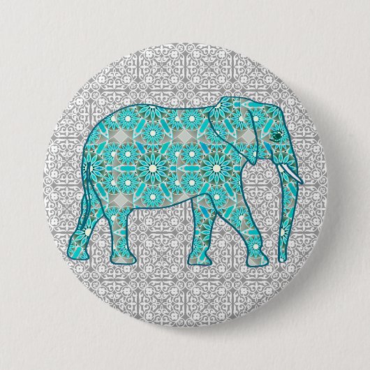 Mandala Blume Elefant - Türkis, Grau und Weiß Button (Vorderseite)