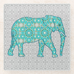 Mandala Blume Elefant - Türkis, Grau und Weiß Glasuntersetzer