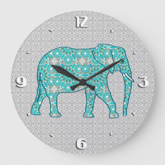 Mandala Blume Elefant - Türkis, Grau und Weiß Große Wanduhr (Vorderseite)