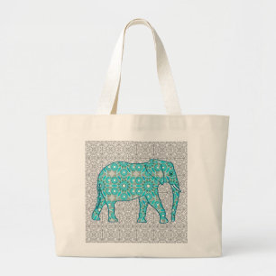 Mandala Blume Elefant - Türkis, Grau und Weiß Jumbo Stoffbeutel