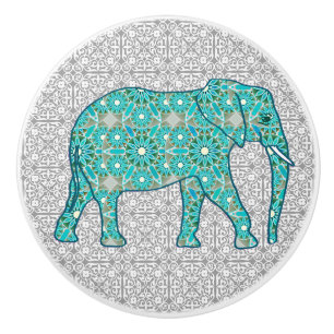 Mandala Blume Elefant, türkis, grau und weiß Keramikknauf