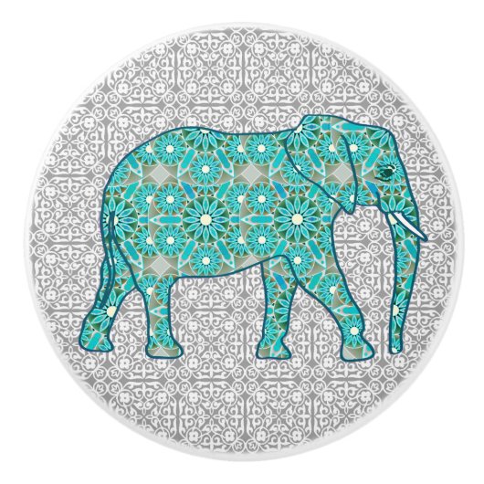 Mandala Blume Elefant, türkis, grau und weiß Keramikknauf (Vorderseite)