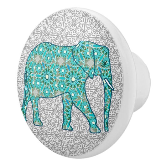 Mandala Blume Elefant, türkis, grau und weiß Keramikknauf (Rechts)