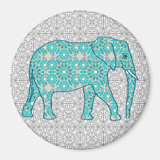 Mandala Blume Elefant - Türkis, Grau und Weiß Magnet (Vorne)