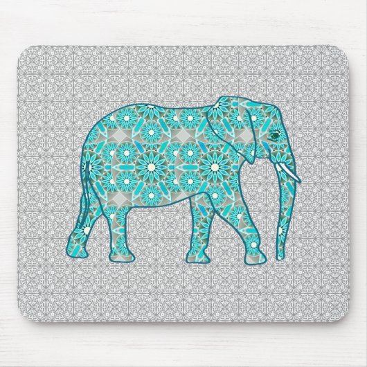 Mandala Blume Elefant - Türkis, Grau und Weiß Mousepad (Vorne)