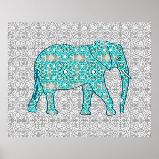 Mandala Blume Elefant - Türkis, Grau und Weiß Poster (Vorne)