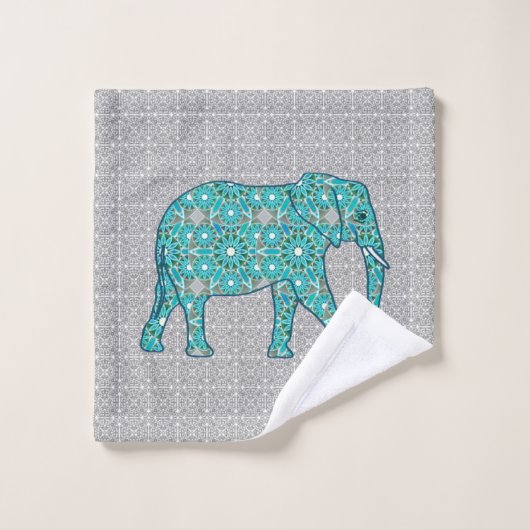 Mandala Blume Elefant, Türkis, Grau & Weiß Badhandtuch Set (Waschlappen)