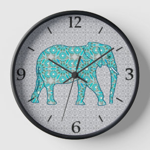 Mandala Blume Elephant Türkis und Grau Gerahmt Uhr