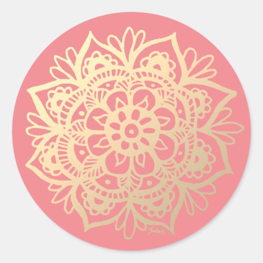 Mandala-Blume in Gold und Rosa Runder Aufkleber (Vorderseite)