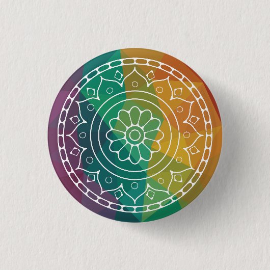 Mandala-Blume in regenbogenfarbenem Boho Button (Vorderseite)