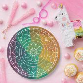 Mandala-Blume in regenbogenfarbenem, polyfarbenem Pappteller (Party)