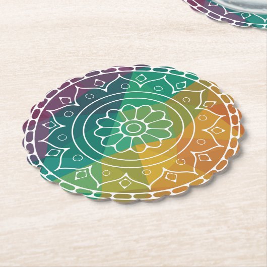 Mandala-Blume in regenbogenfarbenem, polyfarbenem Untersetzer (angewinkelt)