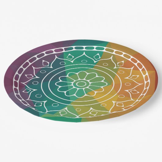 Mandala Blume India Regenbogen boho farbenfrohe Ge Pappteller (Schrägansicht)