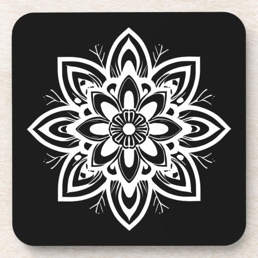 Mandala Blume Pattern in Schwarzweiß Getränkeuntersetzer (Vorderseite)
