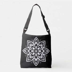 Mandala Blume Pattern in Schwarzweiß Tragetaschen Mit Langen Trägern