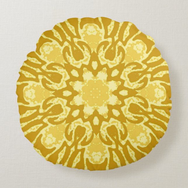 Mandala Blume Pattern - Senf Gold und Gelb Rundes Kissen (Vorderseite)