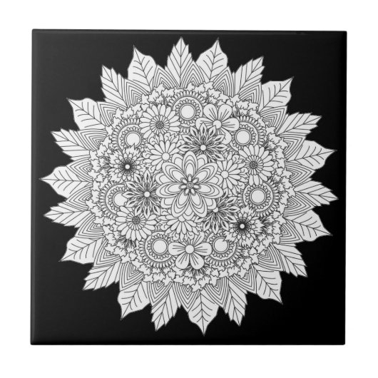 Mandala Blume Schwarz-Weiß Keramik Tile Fliese (Vorderseite)