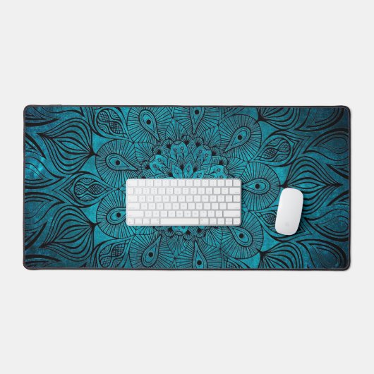 Mandala Blume Zen Cool Bright Vibrant Aquamarin Bl Schreibtischunterlage (Tastatur & Maus)