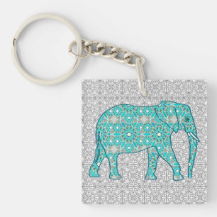 Mandala-Blumen-Elefant - Türkis, Grau & Weiß Schlüsselanhänger