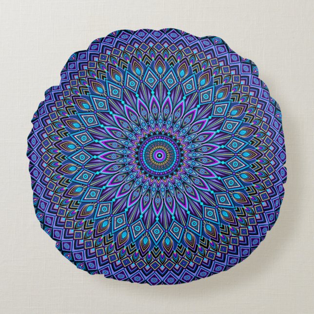 Mandala Boho Blue Aquamarin Lila Peacock Gold Magi Rundes Kissen (Vorderseite)